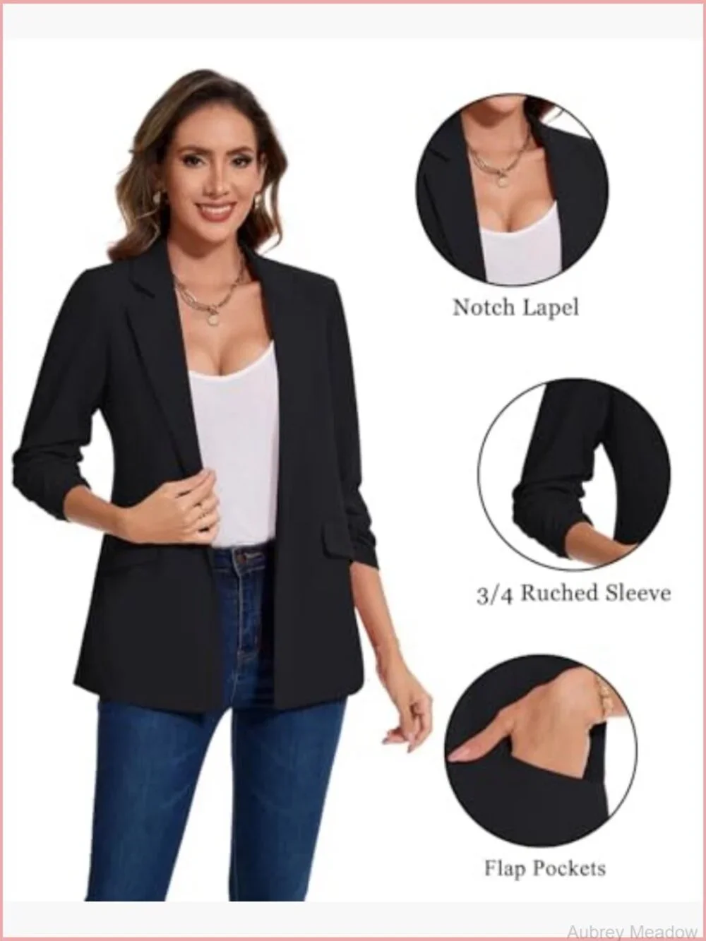 3/4 Ruched Sleeve Blazer Notch Lapel Open Front Jacket with Pockets